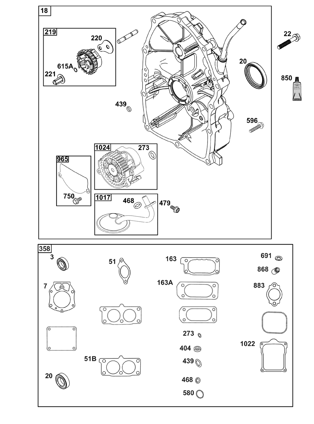 Crankcase Cover/Sump Group Diagram and Parts List for 613477-0267-J1 400000 - 699999 Briggs and Stratton Engine